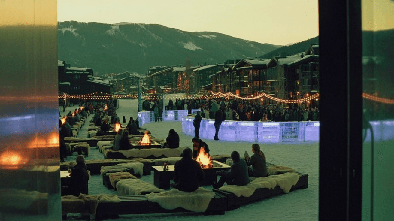 Massive après-ski hospitality village with fire pits, fur-draped daybeds, and crowds against snowy mountains