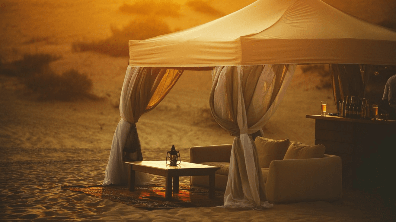 Premium hospitality tent in the Baja desert with Persian rugs and lanterns