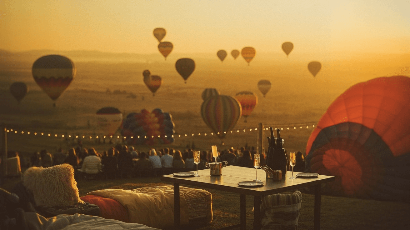 Premium hospitality lounge at a hot air balloon festival at dawn, champagne and cushions with dozens of balloons rising