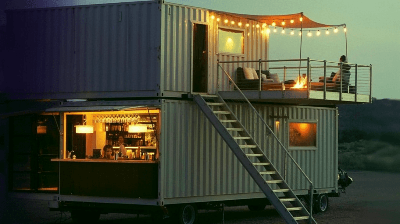 Multi-level shipping container transformed into a premium pop-up hospitality lounge with rooftop deck