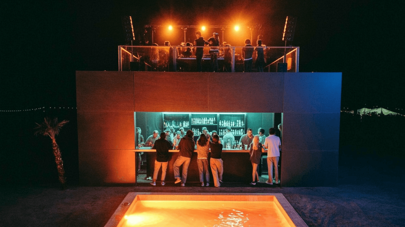 Premium experiential hospitality village at a music festival with containers, domes, and crowds at dusk