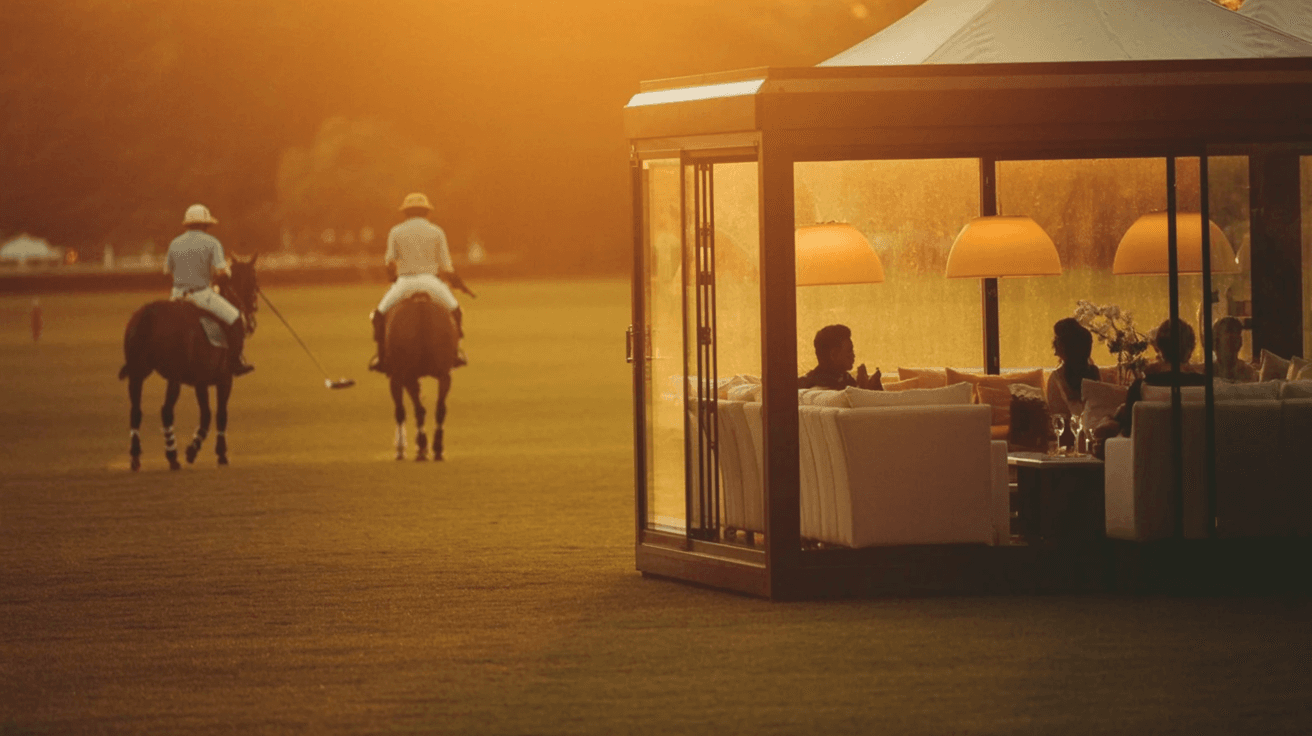 Luxury hospitality pavilion at a polo match with horses and riders in golden hour