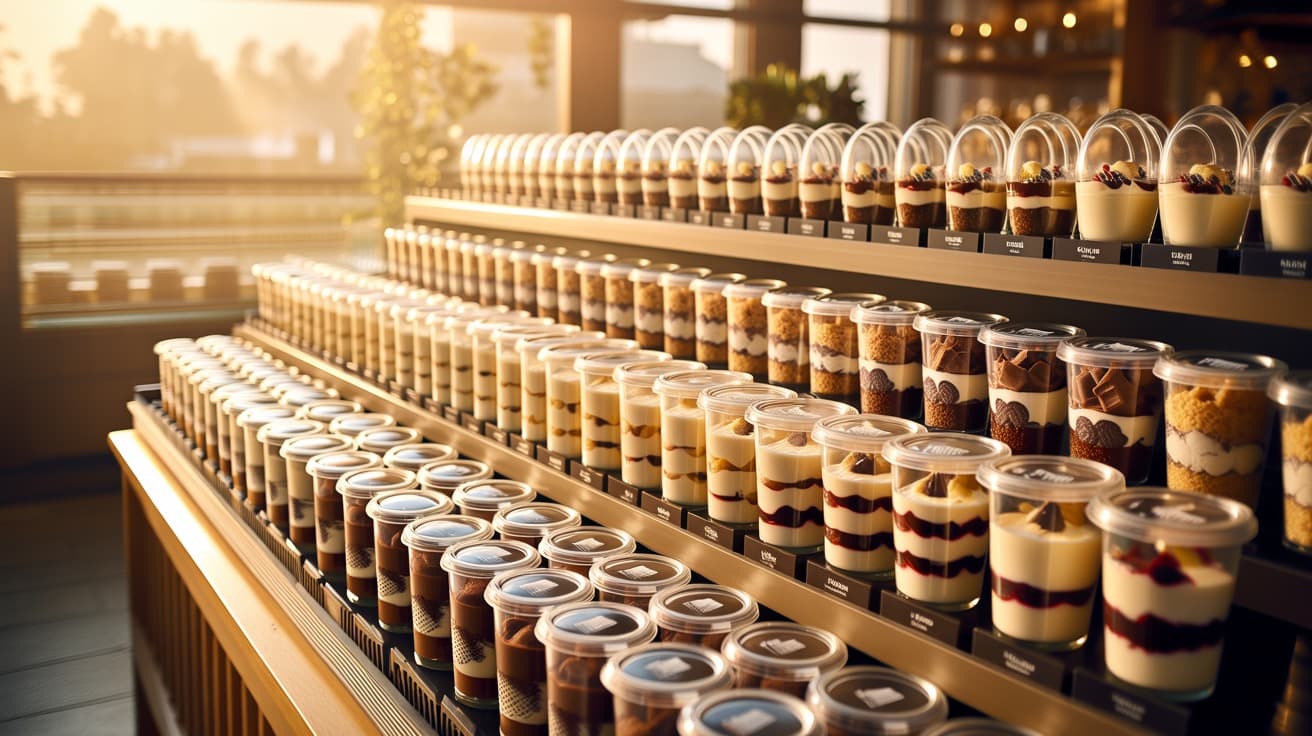 A warm, golden self-serve dessert display where every parfait and cake is sealed in its own lidded grab-and-go cup