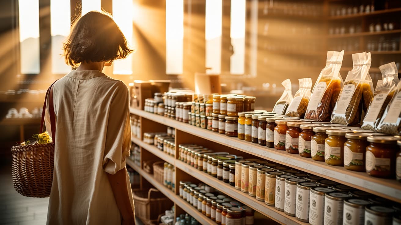A guest with a basket in a premium checkout-free market of sealed jars, tins, and packaged artisan goods in golden-hour light