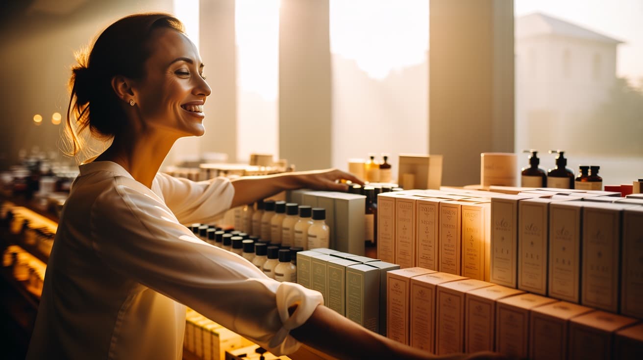 A smiling guest reaching for boxed and bottled skincare in a warm, checkout-free wellness boutique