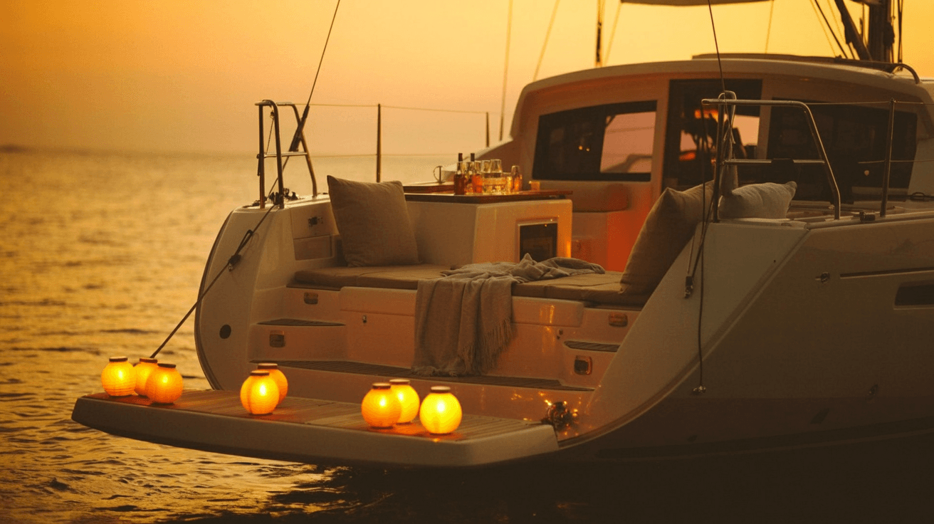 Luxury yacht deck transformed into an intimate cocktail experience at twilight