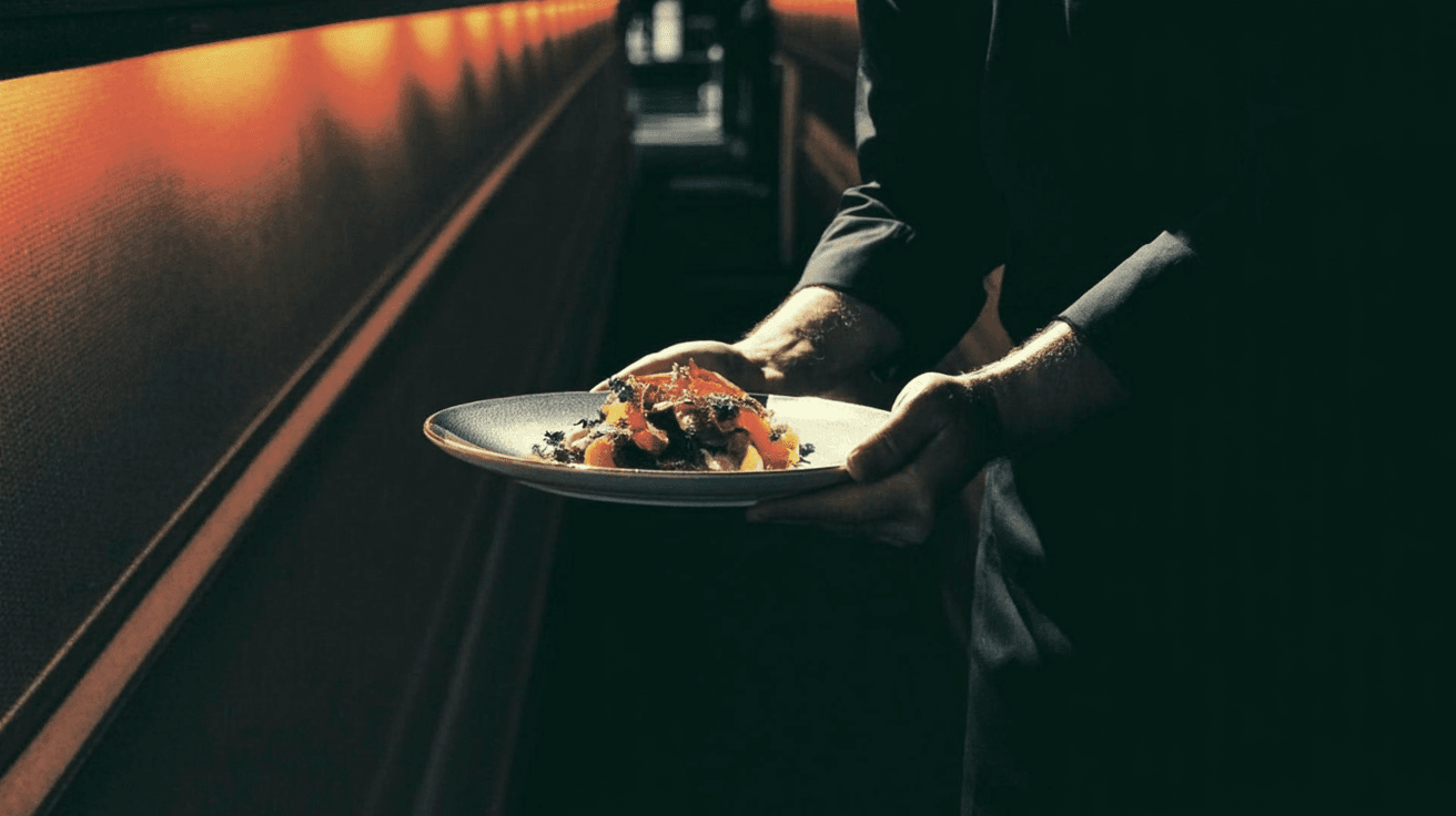 A plated dish carried through a dimly lit corridor toward a dining room